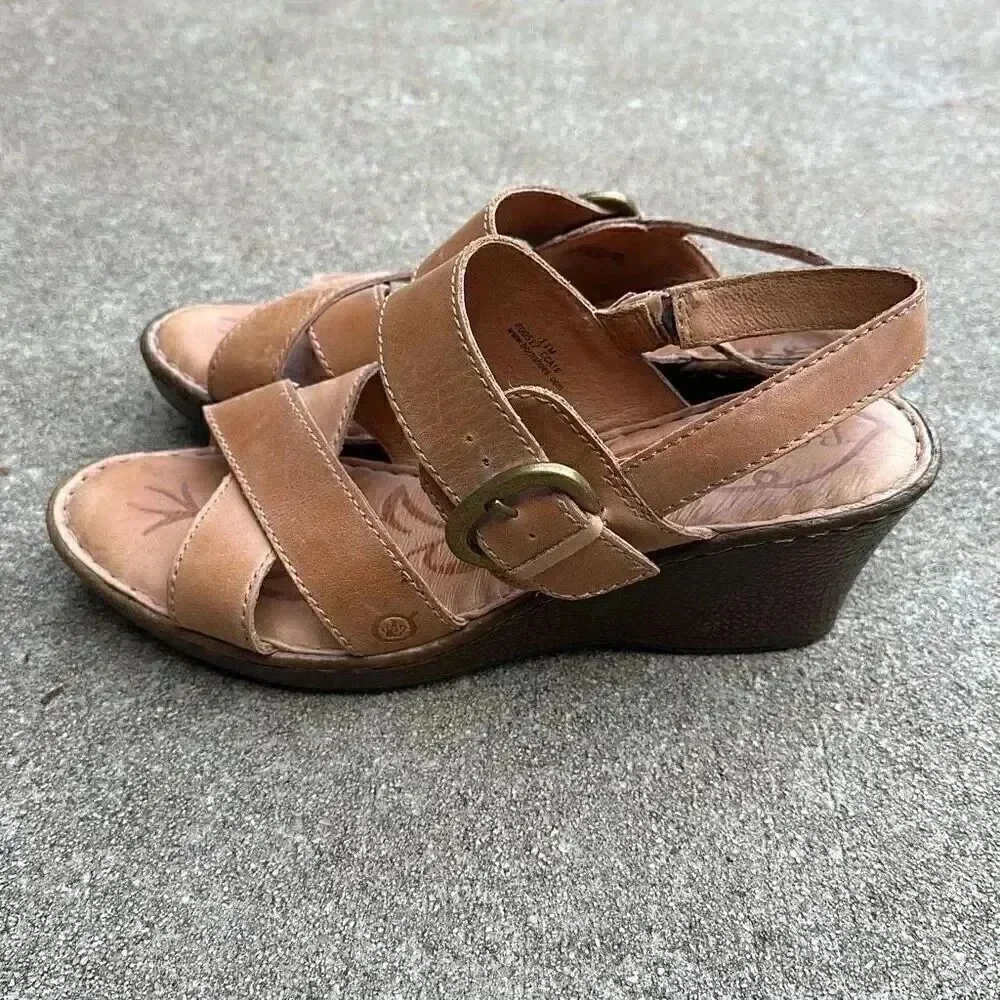 Born Leather Wedge Sandals Mirabella Tan Women’s Size 11